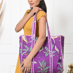 Quilted cotton handprinted reversible large floral patch work stripe tote bag eco friendly Sturdy Grocery Shopping Artist Boho - 3