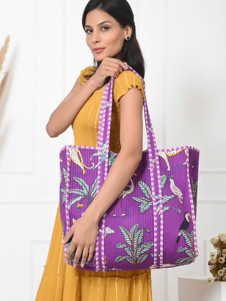 Quilted cotton handprinted reversible large floral patch work stripe tote bag eco friendly Sturdy Grocery Shopping Artist Boho - 3