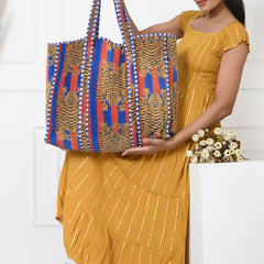 Quilted cotton handprinted reversible large floral patch work stripe tote bag eco friendly Sturdy Grocery Shopping Artist Boho - 2