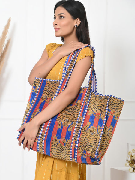 Quilted cotton handprinted reversible large floral patch work stripe tote bag eco friendly Sturdy Grocery Shopping Artist Boho - 2