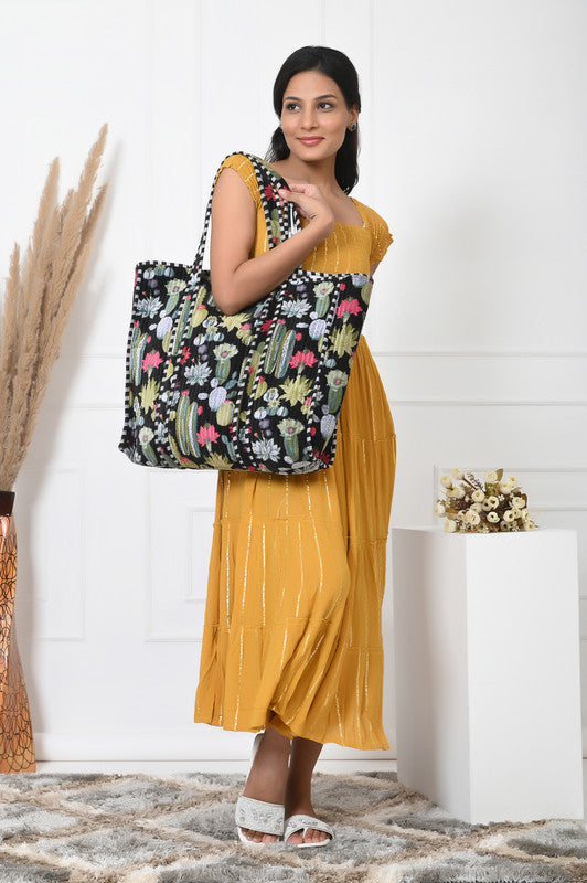 Quilted cotton handprinted reversible large floral patch work stripe tote bag eco friendly Sturdy Grocery Shopping Artist Boho - 1