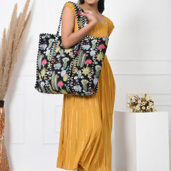 Quilted cotton handprinted reversible large floral patch work stripe tote bag eco friendly Sturdy Grocery Shopping Artist Boho - 1