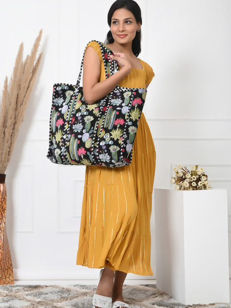 Quilted cotton handprinted reversible large floral patch work stripe tote bag eco friendly Sturdy Grocery Shopping Artist Boho - 1