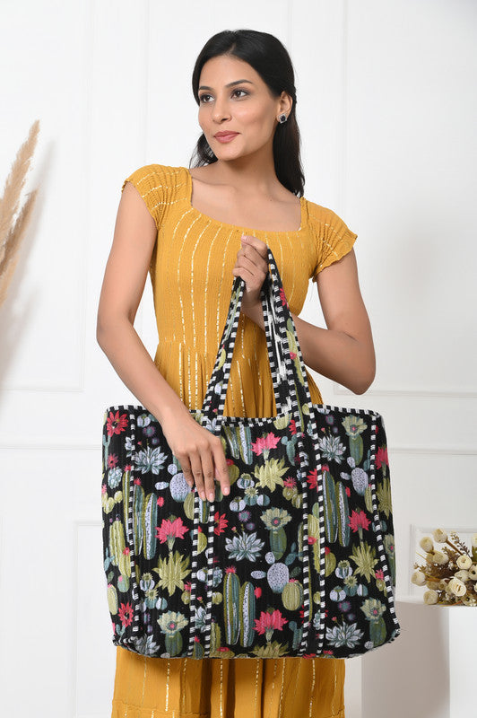 Quilted cotton handprinted reversible large floral patch work stripe tote bag eco friendly Sturdy Grocery Shopping Artist Boho - 1