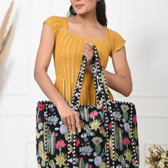 Quilted cotton handprinted reversible large floral patch work stripe tote bag eco friendly Sturdy Grocery Shopping Artist Boho - 1