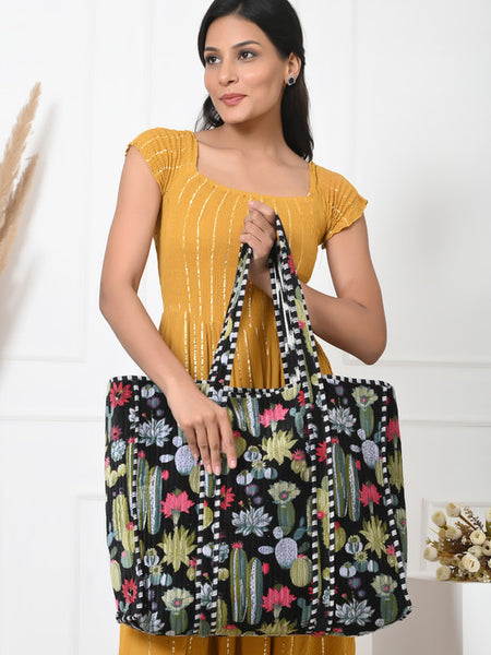 Quilted cotton handprinted reversible large floral patch work stripe tote bag eco friendly Sturdy Grocery Shopping Artist Boho - 1