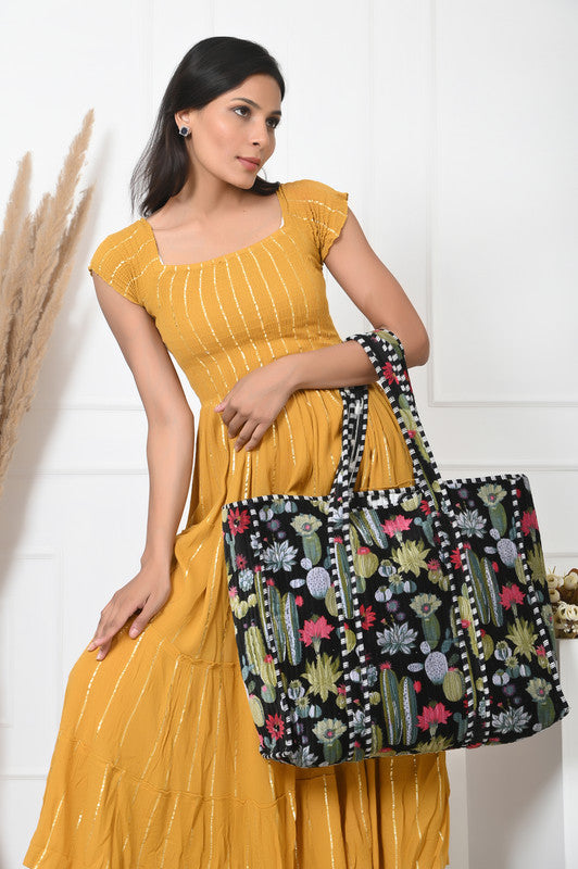 Quilted cotton handprinted reversible large floral patch work stripe tote bag eco friendly Sturdy Grocery Shopping Artist Boho - 1