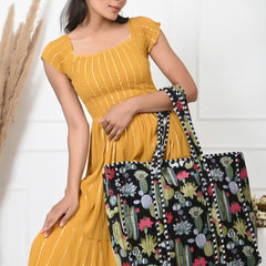 Quilted cotton handprinted reversible large floral patch work stripe tote bag eco friendly Sturdy Grocery Shopping Artist Boho - 1