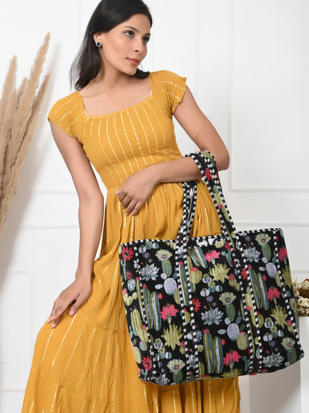 Quilted cotton handprinted reversible large floral patch work stripe tote bag eco friendly Sturdy Grocery Shopping Artist Boho - 1