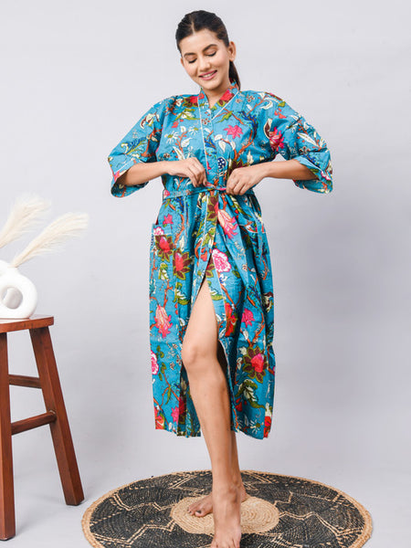 Cotton Indian Beach Kimono Robe - Long Kimono, Bathrobe, Maternity Robe, Shower Robe, Dressing Gown & Beachwear