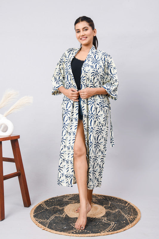 Long Cotton Indian Beach Kimono Robe - Kimono Robe, Shower Robe, Maternity Robe, Bathrobe, Dressing Gown, Beachwear - 2