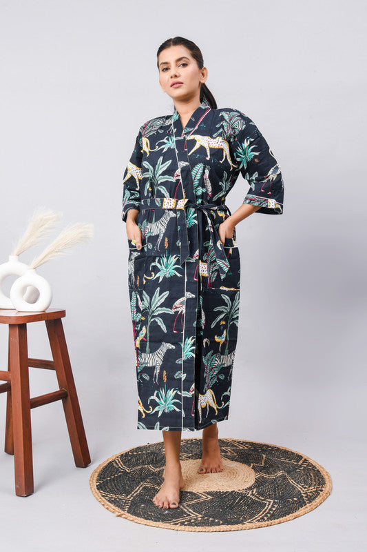 Long Cotton Indian Beach Kimono Robe - Kimono Robe, Shower Robe, Maternity Robe, Bathrobe, Dressing Gown, Beachwear - 1