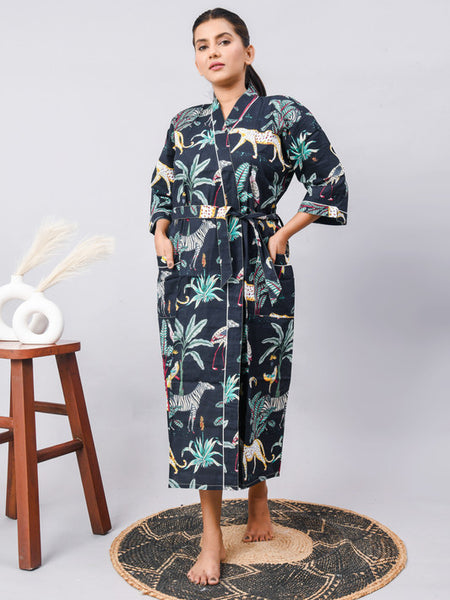 Long Cotton Indian Beach Kimono Robe - Kimono Robe, Shower Robe, Maternity Robe, Bathrobe, Dressing Gown, Beachwear - 1