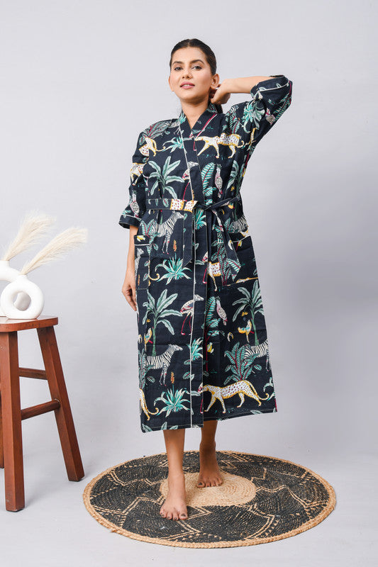 Long Cotton Indian Beach Kimono Robe - Kimono Robe, Shower Robe, Maternity Robe, Bathrobe, Dressing Gown, Beachwear - 1