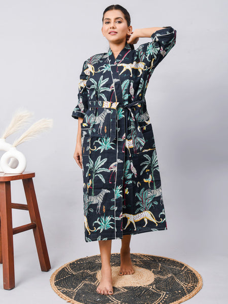 Long Cotton Indian Beach Kimono Robe - Kimono Robe, Shower Robe, Maternity Robe, Bathrobe, Dressing Gown, Beachwear - 1