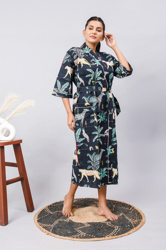 Long Cotton Indian Beach Kimono Robe - Kimono Robe, Shower Robe, Maternity Robe, Bathrobe, Dressing Gown, Beachwear - 1