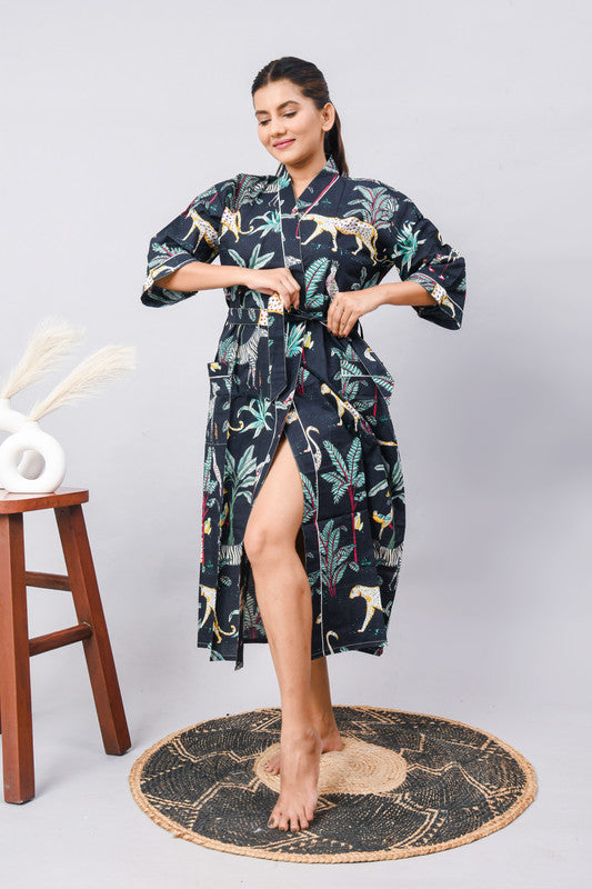 Long Cotton Indian Beach Kimono Robe - Kimono Robe, Shower Robe, Maternity Robe, Bathrobe, Dressing Gown, Beachwear - 1