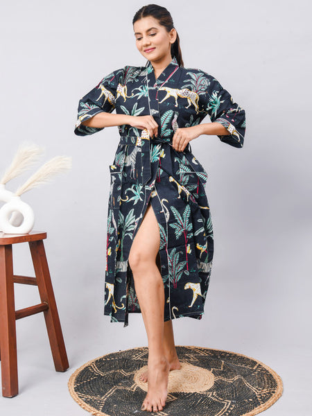 Long Cotton Indian Beach Kimono Robe - Kimono Robe, Shower Robe, Maternity Robe, Bathrobe, Dressing Gown, Beachwear - 1