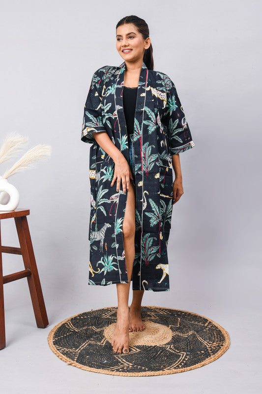 Long Cotton Indian Beach Kimono Robe - Kimono Robe, Shower Robe, Maternity Robe, Bathrobe, Dressing Gown, Beachwear - 1