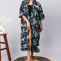 Long Cotton Indian Beach Kimono Robe - Kimono Robe, Shower Robe, Maternity Robe, Bathrobe, Dressing Gown, Beachwear - 1