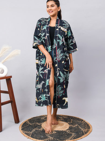 Long Cotton Indian Beach Kimono Robe - Kimono Robe, Shower Robe, Maternity Robe, Bathrobe, Dressing Gown, Beachwear - 1