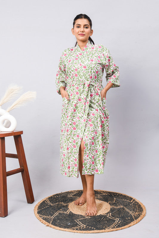 Long Cotton Indian Beach Kimono Robe - GREEN flower Print | Kimono Robe, Shower Robe, Maternity Robe, Bathrobe, Dressing Gown, Beachwear