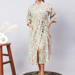 Long Cotton Indian Beach Kimono Robe - GREEN flower Print | Kimono Robe, Shower Robe, Maternity Robe, Bathrobe, Dressing Gown, Beachwear