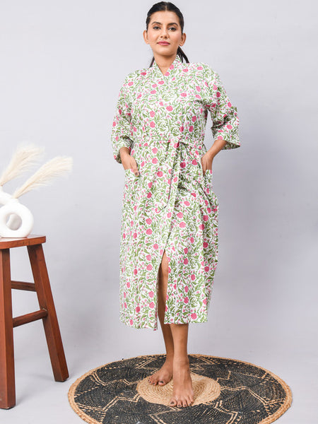 Long Cotton Indian Beach Kimono Robe - GREEN flower Print | Kimono Robe, Shower Robe, Maternity Robe, Bathrobe, Dressing Gown, Beachwear
