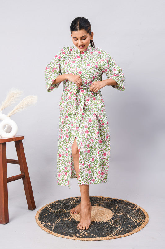 Long Cotton Indian Beach Kimono Robe - GREEN flower Print | Kimono Robe, Shower Robe, Maternity Robe, Bathrobe, Dressing Gown, Beachwear