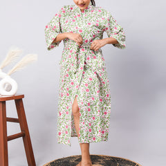 Long Cotton Indian Beach Kimono Robe - GREEN flower Print | Kimono Robe, Shower Robe, Maternity Robe, Bathrobe, Dressing Gown, Beachwear