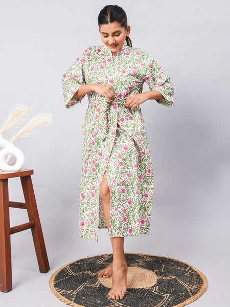 Long Cotton Indian Beach Kimono Robe - GREEN flower Print | Kimono Robe, Shower Robe, Maternity Robe, Bathrobe, Dressing Gown, Beachwear