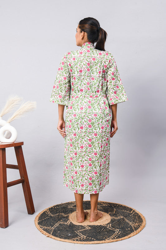 Long Cotton Indian Beach Kimono Robe - GREEN flower Print | Kimono Robe, Shower Robe, Maternity Robe, Bathrobe, Dressing Gown, Beachwear
