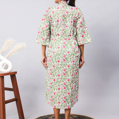 Long Cotton Indian Beach Kimono Robe - GREEN flower Print | Kimono Robe, Shower Robe, Maternity Robe, Bathrobe, Dressing Gown, Beachwear