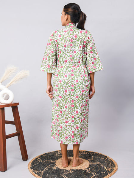 Long Cotton Indian Beach Kimono Robe - GREEN flower Print | Kimono Robe, Shower Robe, Maternity Robe, Bathrobe, Dressing Gown, Beachwear