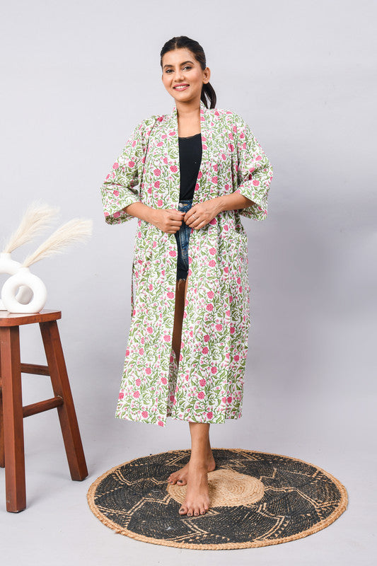 Long Cotton Indian Beach Kimono Robe - GREEN flower Print | Kimono Robe, Shower Robe, Maternity Robe, Bathrobe, Dressing Gown, Beachwear