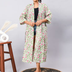 Long Cotton Indian Beach Kimono Robe - GREEN flower Print | Kimono Robe, Shower Robe, Maternity Robe, Bathrobe, Dressing Gown, Beachwear