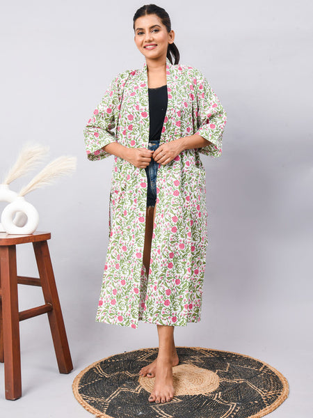 Long Cotton Indian Beach Kimono Robe - GREEN flower Print | Kimono Robe, Shower Robe, Maternity Robe, Bathrobe, Dressing Gown, Beachwear