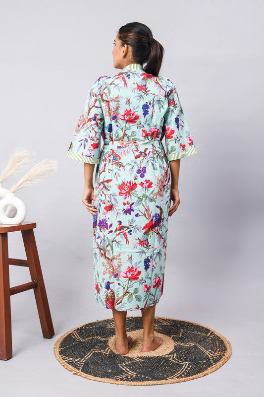 Long Cotton Indian Beach Kimono Robe - Blue Flower Print | Kimono Robe, Shower Robe, Maternity Robe, Bathrobe, Dressing Gown, Beachwear