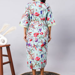 Long Cotton Indian Beach Kimono Robe - Blue Flower Print | Kimono Robe, Shower Robe, Maternity Robe, Bathrobe, Dressing Gown, Beachwear