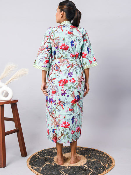 Long Cotton Indian Beach Kimono Robe - Blue Flower Print | Kimono Robe, Shower Robe, Maternity Robe, Bathrobe, Dressing Gown, Beachwear