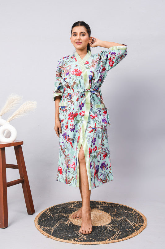 Long Cotton Indian Beach Kimono Robe - Blue Flower Print | Kimono Robe, Shower Robe, Maternity Robe, Bathrobe, Dressing Gown, Beachwear