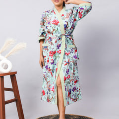 Long Cotton Indian Beach Kimono Robe - Blue Flower Print | Kimono Robe, Shower Robe, Maternity Robe, Bathrobe, Dressing Gown, Beachwear