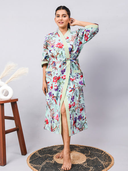Long Cotton Indian Beach Kimono Robe - Blue Flower Print | Kimono Robe, Shower Robe, Maternity Robe, Bathrobe, Dressing Gown, Beachwear