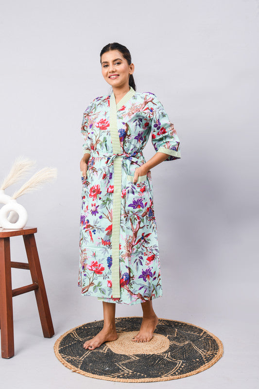 Long Cotton Indian Beach Kimono Robe - Blue Flower Print | Kimono Robe, Shower Robe, Maternity Robe, Bathrobe, Dressing Gown, Beachwear