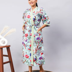 Long Cotton Indian Beach Kimono Robe - Blue Flower Print | Kimono Robe, Shower Robe, Maternity Robe, Bathrobe, Dressing Gown, Beachwear