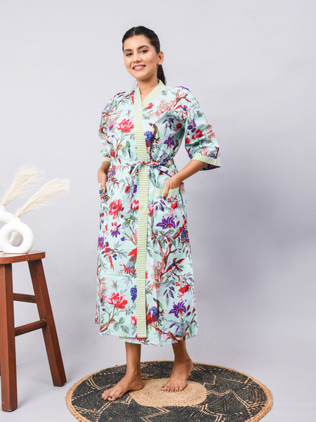 Long Cotton Indian Beach Kimono Robe - Blue Flower Print | Kimono Robe, Shower Robe, Maternity Robe, Bathrobe, Dressing Gown, Beachwear