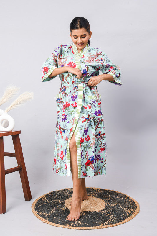 Long Cotton Indian Beach Kimono Robe - Blue Flower Print | Kimono Robe, Shower Robe, Maternity Robe, Bathrobe, Dressing Gown, Beachwear