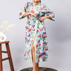 Long Cotton Indian Beach Kimono Robe - Blue Flower Print | Kimono Robe, Shower Robe, Maternity Robe, Bathrobe, Dressing Gown, Beachwear