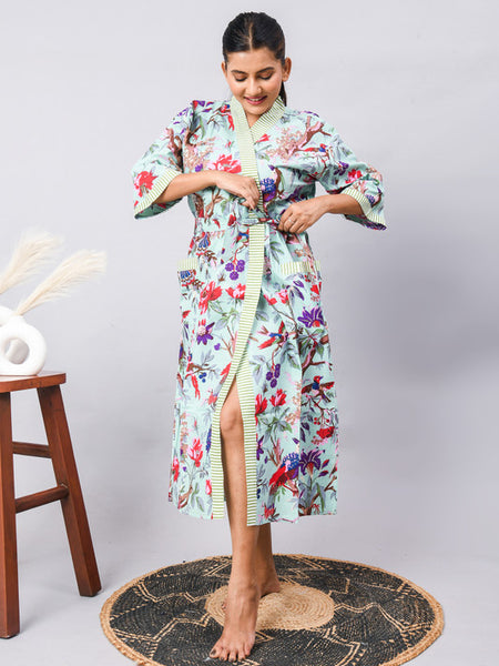 Long Cotton Indian Beach Kimono Robe - Blue Flower Print | Kimono Robe, Shower Robe, Maternity Robe, Bathrobe, Dressing Gown, Beachwear