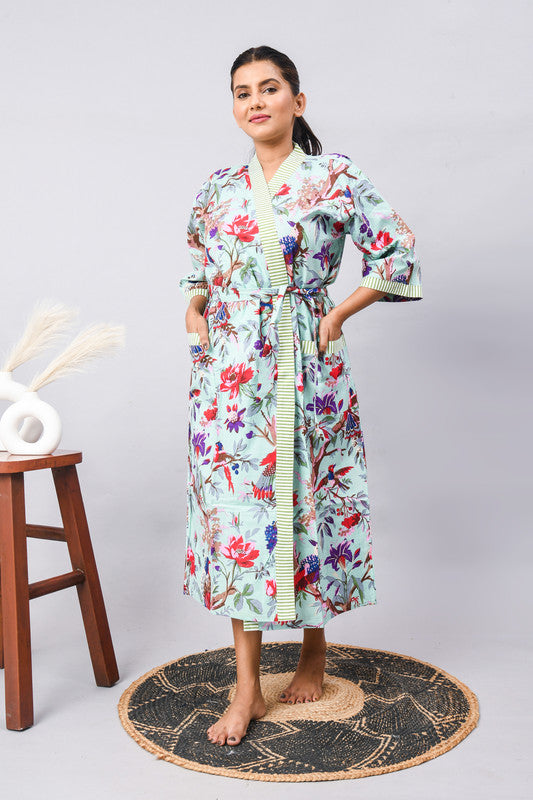 Long Cotton Indian Beach Kimono Robe - Blue Flower Print | Kimono Robe, Shower Robe, Maternity Robe, Bathrobe, Dressing Gown, Beachwear